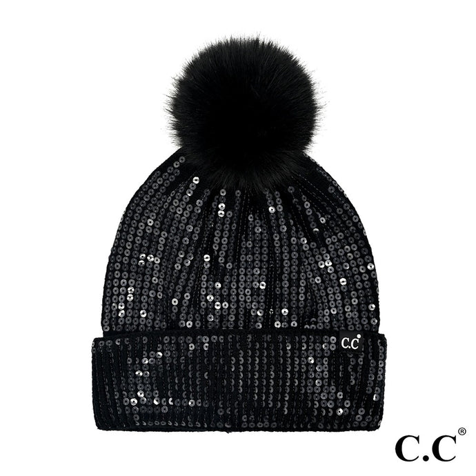 C.C. Black Sequin Pom Beanie