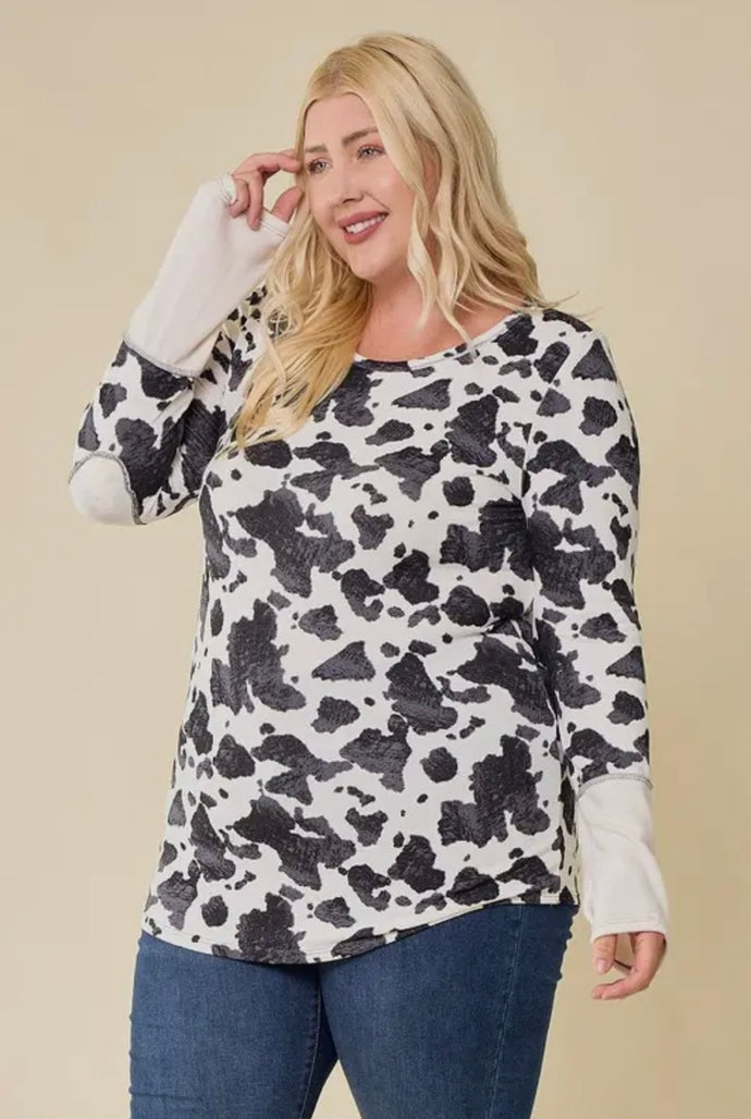 Lovely Melody Cow Print Long Sleeve Top