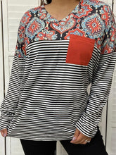 Load image into Gallery viewer, Fall Paisley/Stripe multi color Long Sleeve Top w/ Front Pocket
