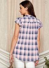 Load image into Gallery viewer, Pink Plaid Neck Tie Ruffled Cap Sleeve Top
