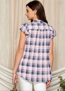 Pink Plaid Neck Tie Ruffled Cap Sleeve Top