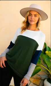 E Luna Olive/Navy Colorblock Long Sleeve Top