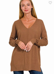 Deep Camel Zenana Front Seam Viscose Sweater