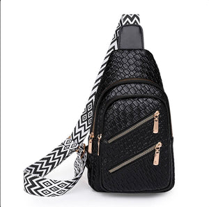 Woven Vegan Leather Sling Bag w/ Adjustable Chevron Canvas Guitar Strap