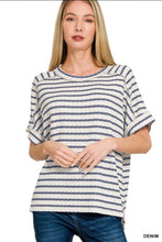 Load image into Gallery viewer, Zenana Denim Striped Short Sleeve Hi-low Tee
