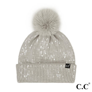 C.C. Light Grey Sequin Pom Beanie