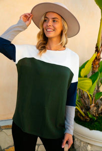 E Luna Olive/Navy Colorblock Long Sleeve Top