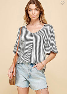 White/Black Striped 1/2 Sleeve V-neck with Ruffle