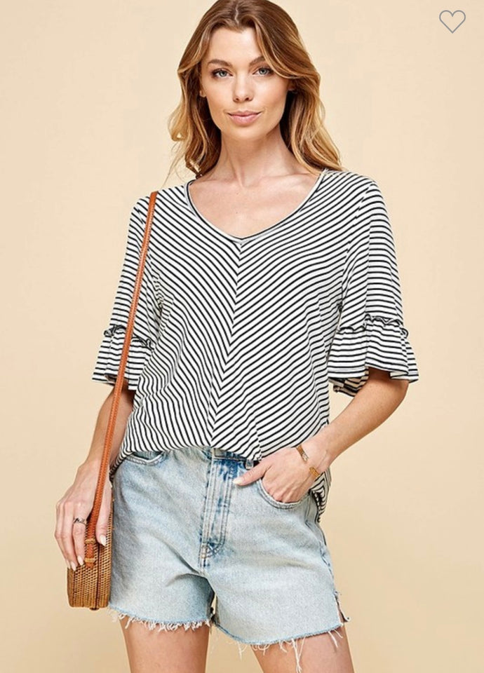 White/Black Striped 1/2 Sleeve V-neck with Ruffle