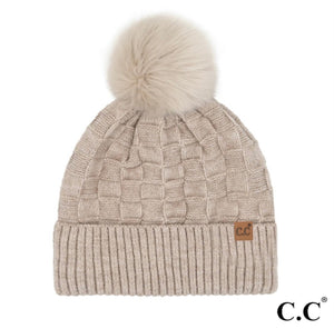 Beige C.C. Weaving Texture Pom Beanie