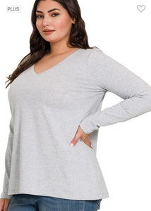 Heather Grey Cotton V-neck Long Sleeve T-shirt