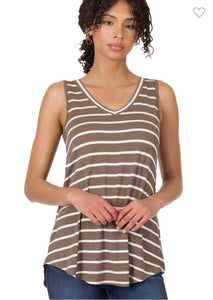 Zenana Mocha/Ivory Stripe Sleeveless V-neck Top