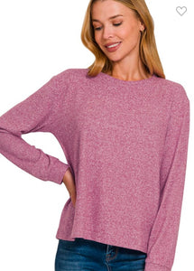 Zenana Lt Plum Soft Melange Hacci Round Neck Long Sleeve Tee