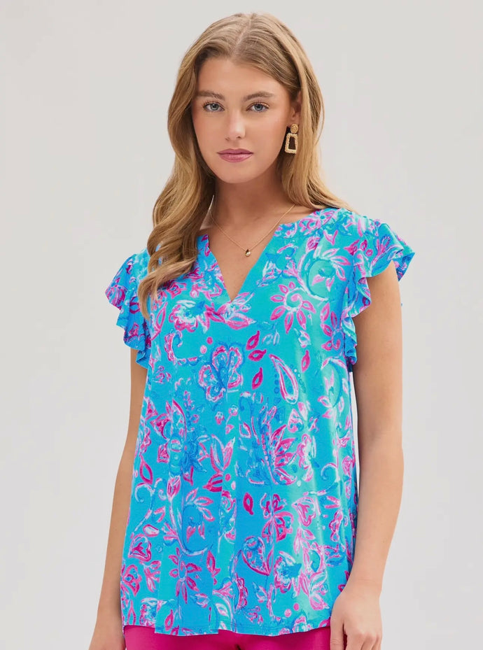 Dear Scarlett Mandarin Collar Flutter Sleeve Tank Aqua