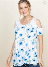 Load image into Gallery viewer, Blue Floral Cold Shoulder Twisted Top
