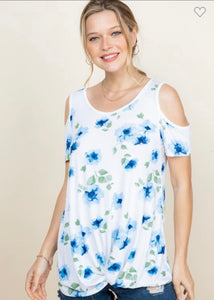 Blue Floral Cold Shoulder Twisted Top