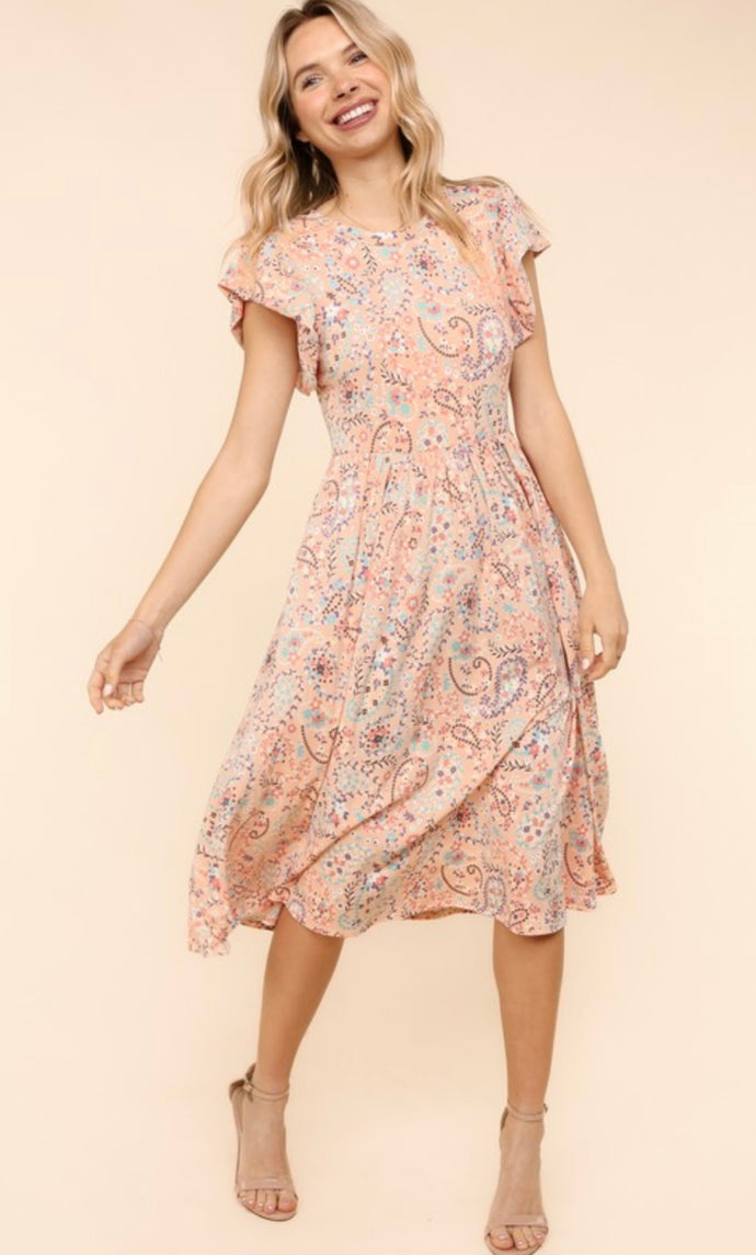 Haptics Peach Paisley Midi Dress w/ Ruffle Short Sleeve