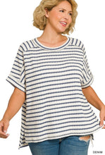 Load image into Gallery viewer, Zenana Denim Striped Short Sleeve Hi-low Tee
