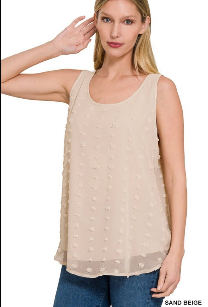 Zenana Sand Beige Swiss Dot Sleeveless Top