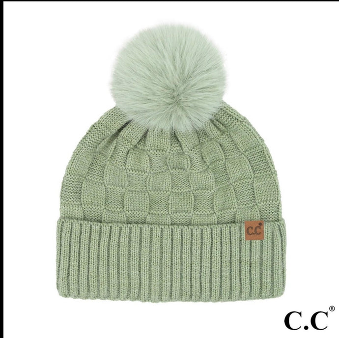 Sage C.C. Weaving Texture Pom Beanie