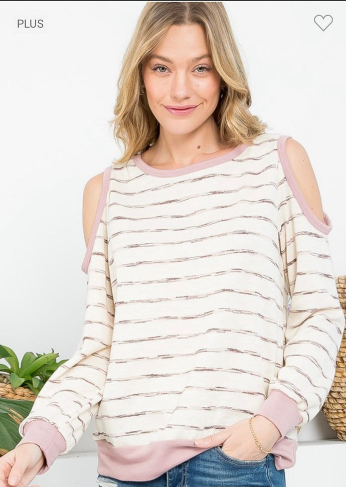 Oatmeal Stripe Cold Shoulder Sweatshirt