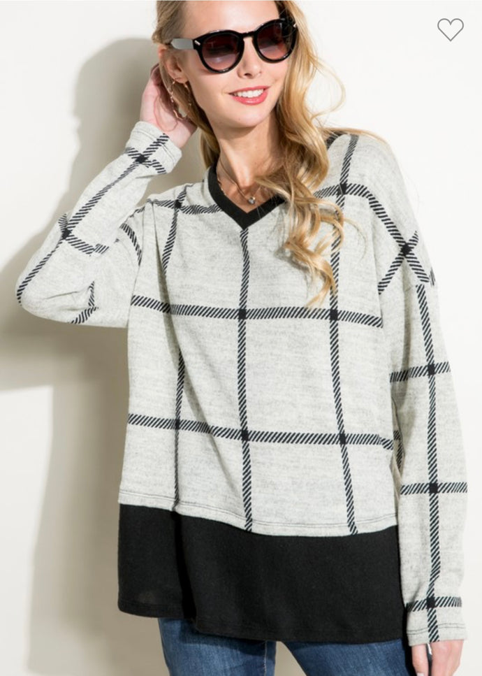 E Luna Grey and Black Plaid Long Sleeve Top