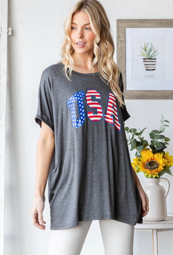 Heimish Charcoal USA Flag Print Short Sleeve Top