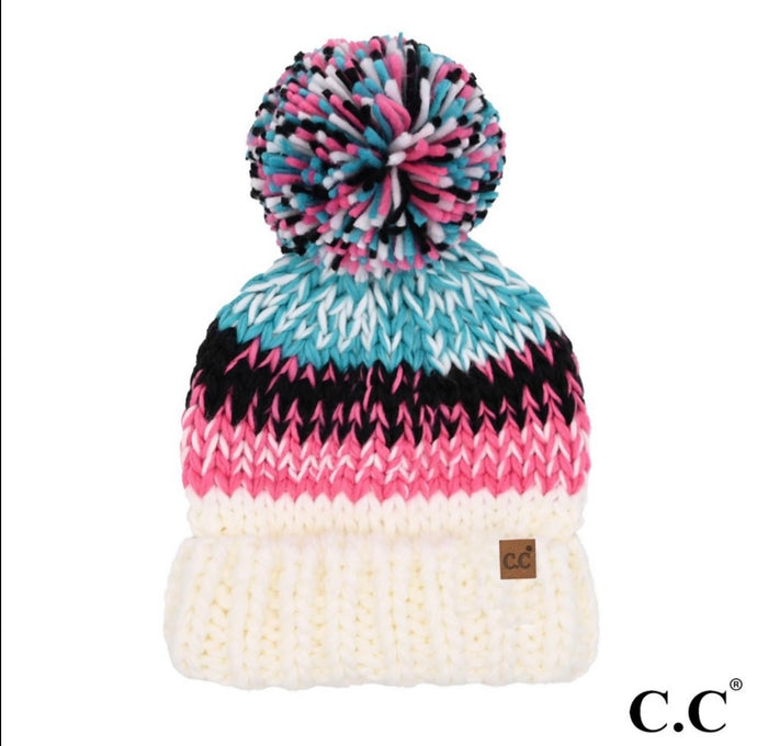 C.C. Ivory Multi Color Chunky Yarn Pom Beanie