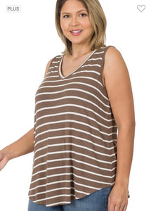 Zenana Mocha/Ivory Stripe Sleeveless V-neck Top