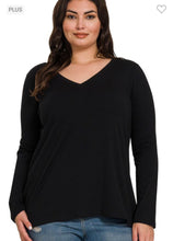 Load image into Gallery viewer, Black Cotton V-neck Long Sleeve T-shirt
