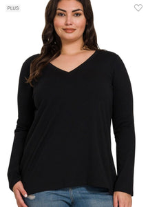 Black Cotton V-neck Long Sleeve T-shirt