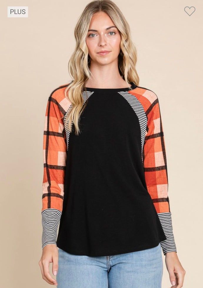 Emerald Rust Plaid and Stripe Long Sleeve Top