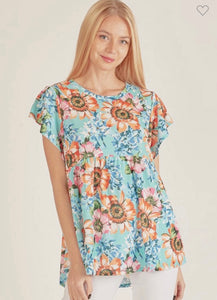 Teal Multi Floral Print Short Sleeve Babydoll