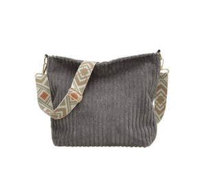 Grey Corduroy Tote Bag with Guitar Shoulder Strap