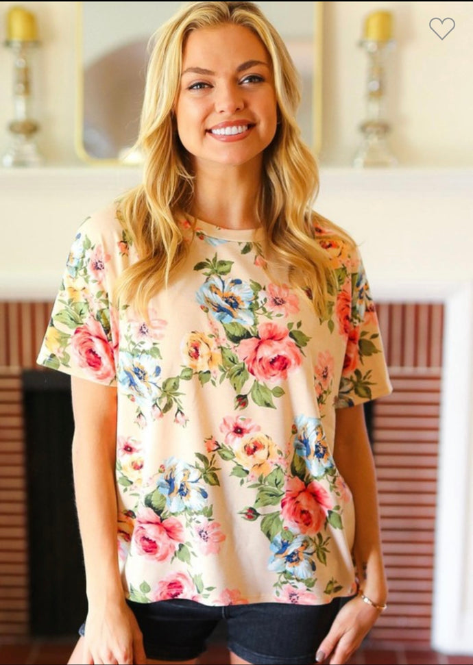 Haptics Taupe Floral Drop Shoulder Top