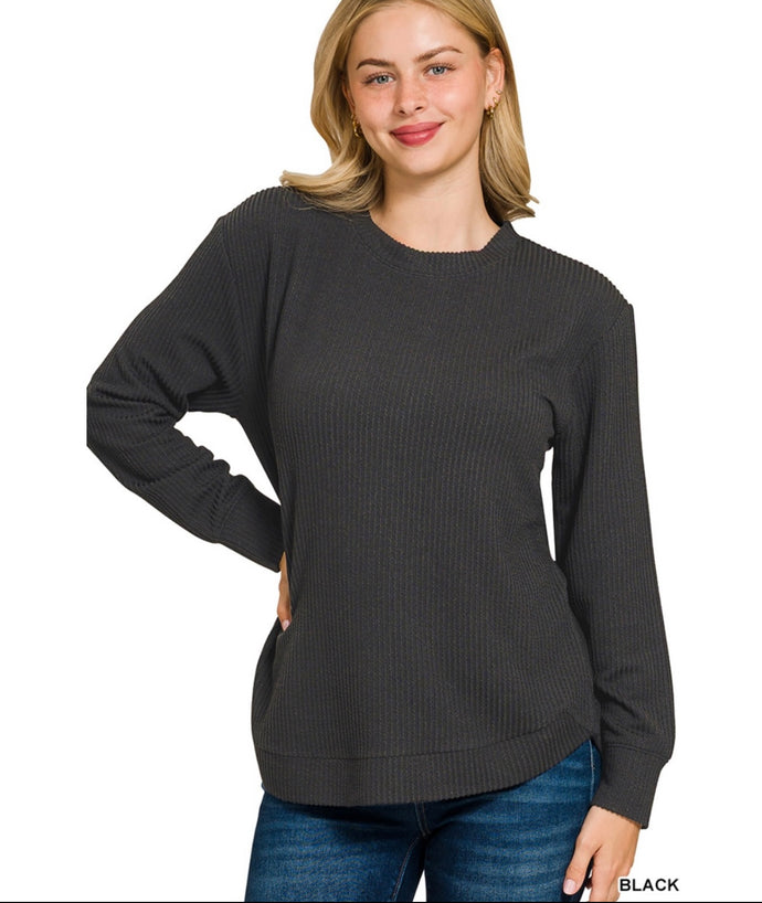 Zenana Black Raised Rib Round Neck Long Sleeve Top