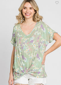 Crinkle Floral Print V-neck Front Knot Top