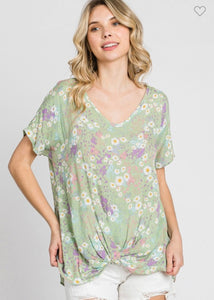 Crinkle Floral Print V-neck Front Knot Top