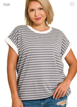 Load image into Gallery viewer, Zenana Charcoal Stripe Tee with Cap Sleeve
