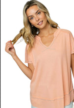 Load image into Gallery viewer, E Luna Peach Waffle V-neck Short Sleeve Top
