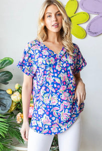 Heimish Bright Blue Floral Short Sleeve Top