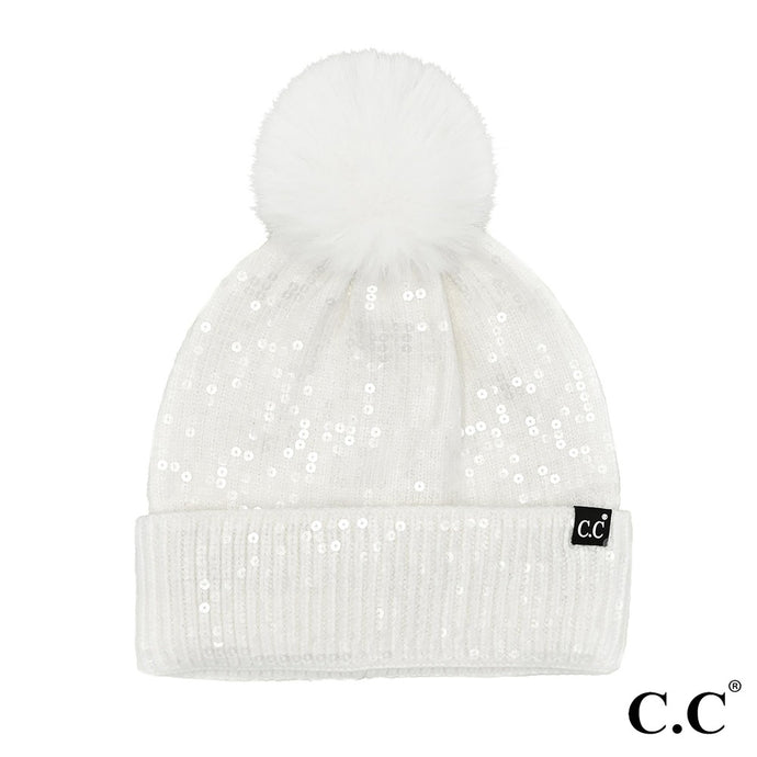 C.C. Ivory Sequin Pom Beanie