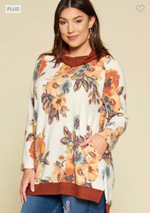 Emerald Rust/Ivory Floral Print Cowl Neck Pullover