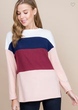 Load image into Gallery viewer, Emerald Brushed Hacci Blush/Burgundy/Navy Colorblock Top
