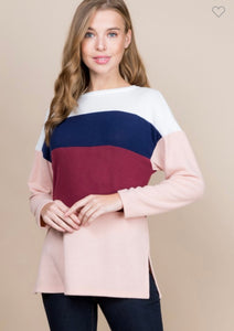 Emerald Brushed Hacci Blush/Burgundy/Navy Colorblock Top