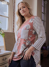 Load image into Gallery viewer, Heather Grey/Ivory Stripe Tamara Floral Top
