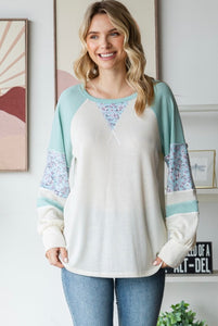 7th Ray Mint Floral Contrast Raglan Sleeve Top