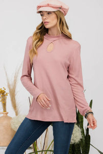Celeste Mauve Mock Neck Keyhole Thermal Long Sleeve Top