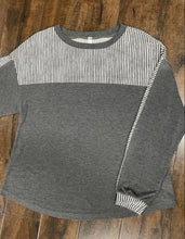 Load image into Gallery viewer, Emerald Charcoal Striped and Solid Round Neck Long Sleeve Top
