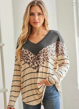 Load image into Gallery viewer, Charcoal/Leopard/Stripe Colorblock Long Sleeve Top
